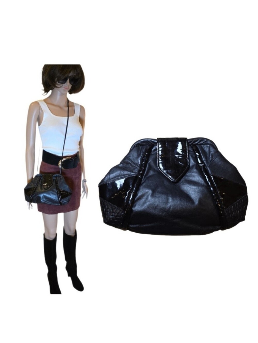 VTG Park Avenue Int Black Leather Patchwork Slouchy Frame Bag EUC